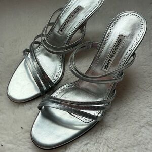 Manolo Blahnik Metallic Silver Strappy Heels
